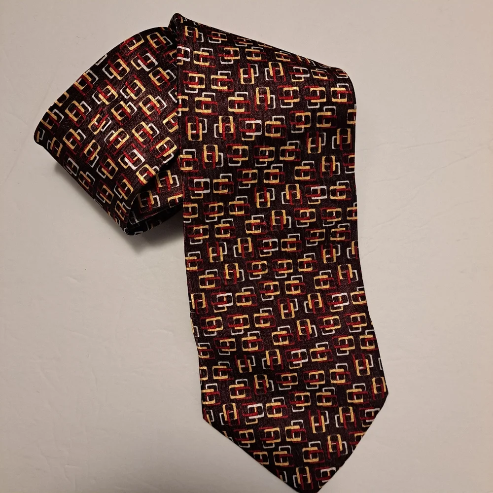 LeVieux Commandant Silk Brown Gold White Red Interlock Squares Tie